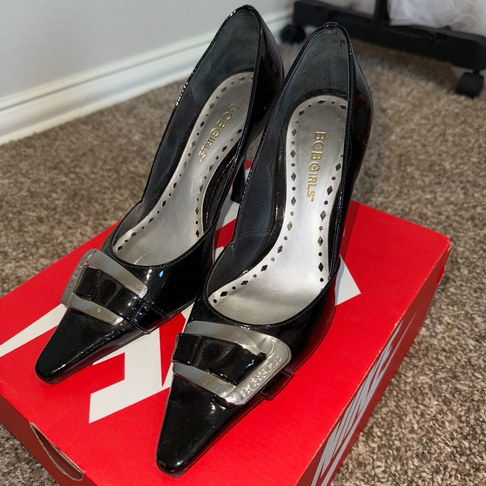BCBGirls Black Patent Leather Heels with Silver Accents